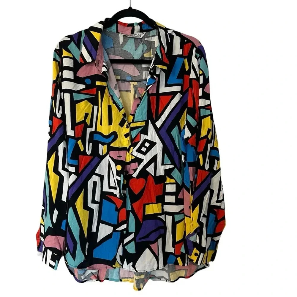 Big Dart Women’s Long Sleeve Multicolor Button Front Modern Art Blouse Sz 3X GUC
